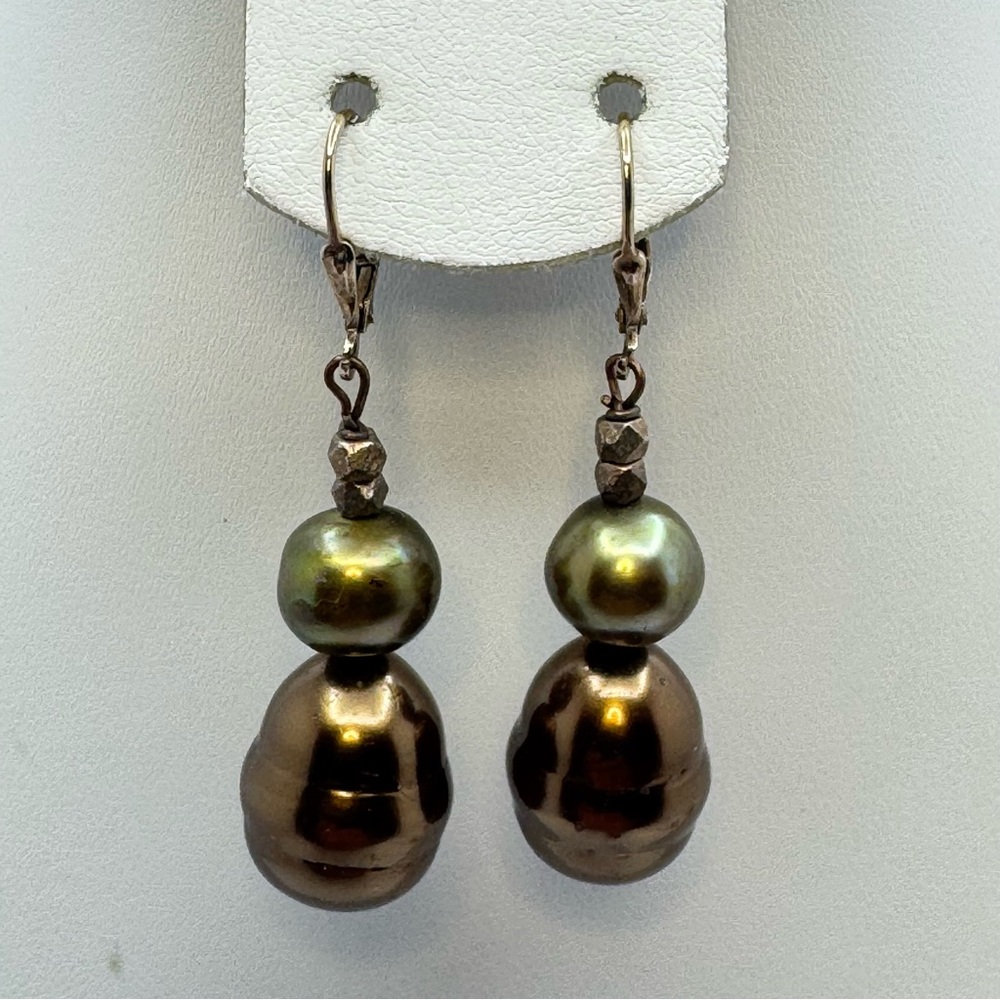 Bronze Peacock Faux Pearl Drop Earrings Metallic Glass Bead Statement Bold